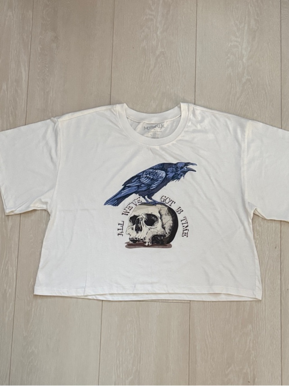 Modern Lux White Crop Tee with Blue Crow and Skull Graphic